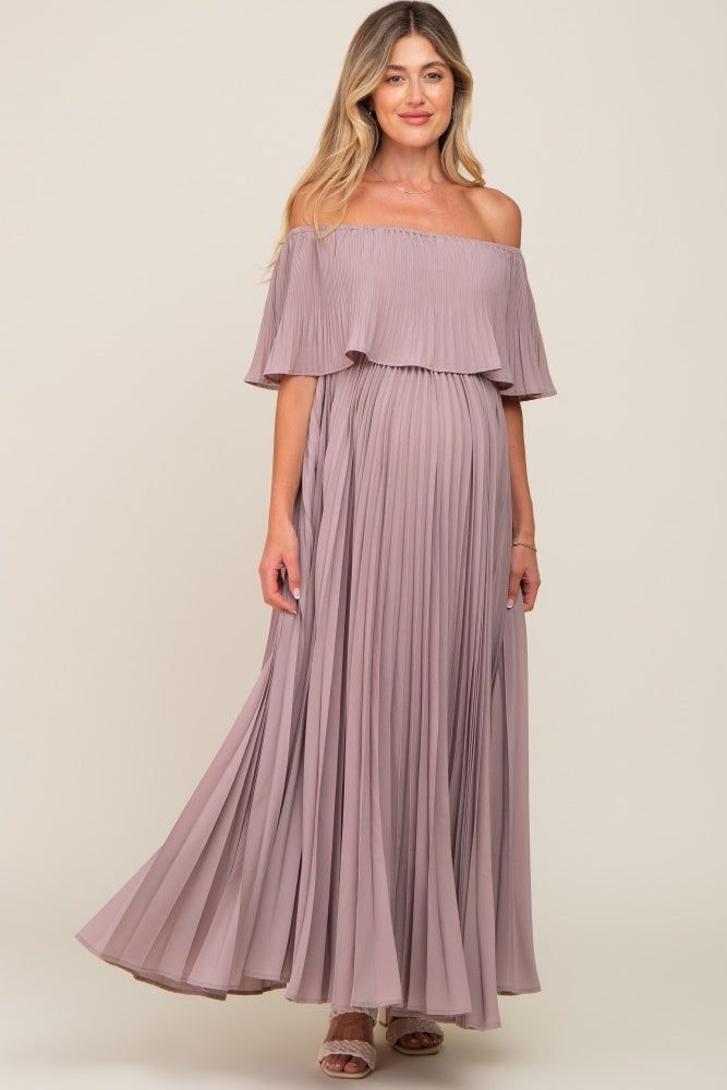 Taupe Pleated Layered Off Shoulder Maternity Maxi Dress sold by Pinkblush product image thumbnail 4