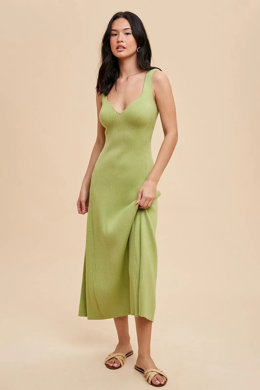 Light Olive Knit Deep V-Neck Maxi Dress sold by Pinkblush