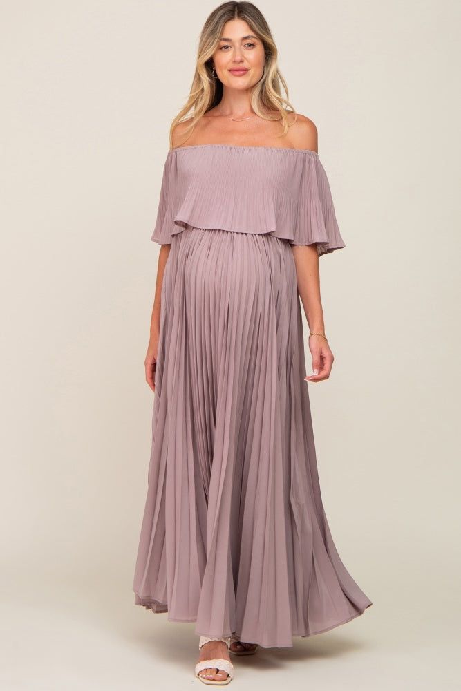 Taupe Pleated Layered Off Shoulder Maternity Maxi Dress sold by Pinkblush