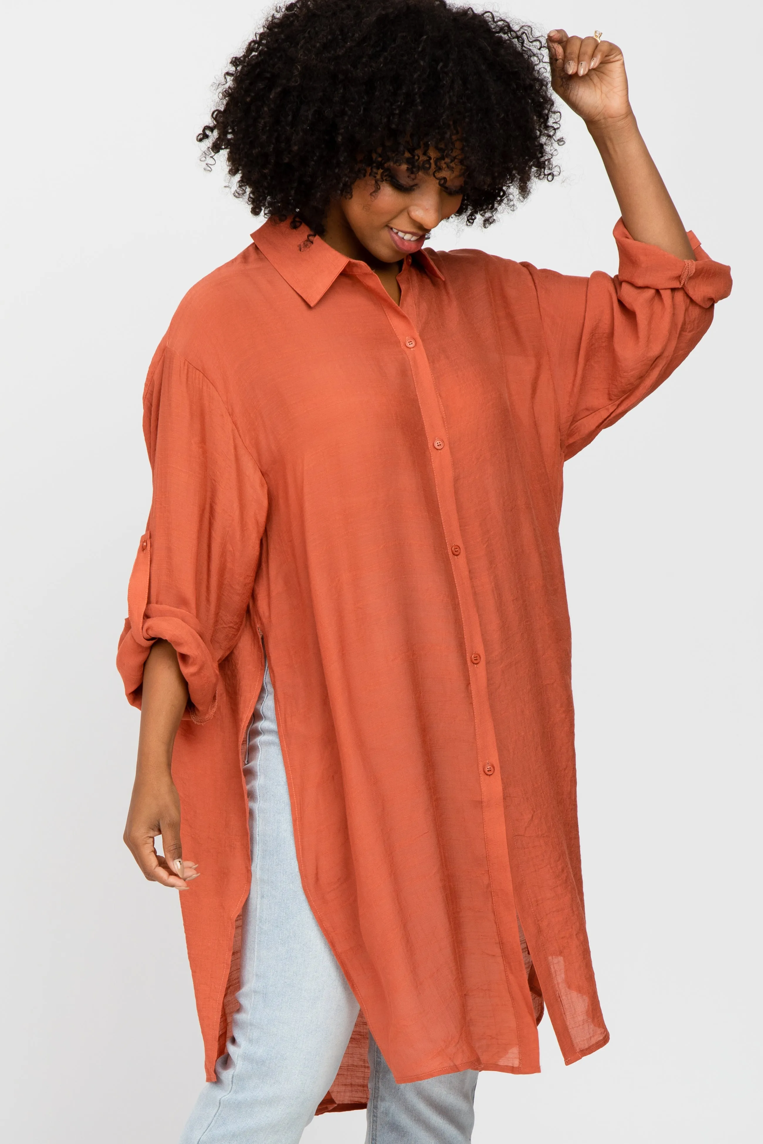 Rust Button Front Side Slit Oversized Blouse sold by Pinkblush product image thumbnail 2