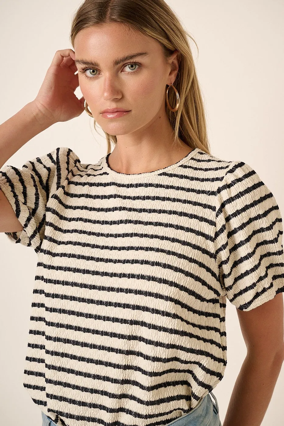 Black Striped Textured Puff Sleeve Top sold by Pinkblush product image thumbnail 4