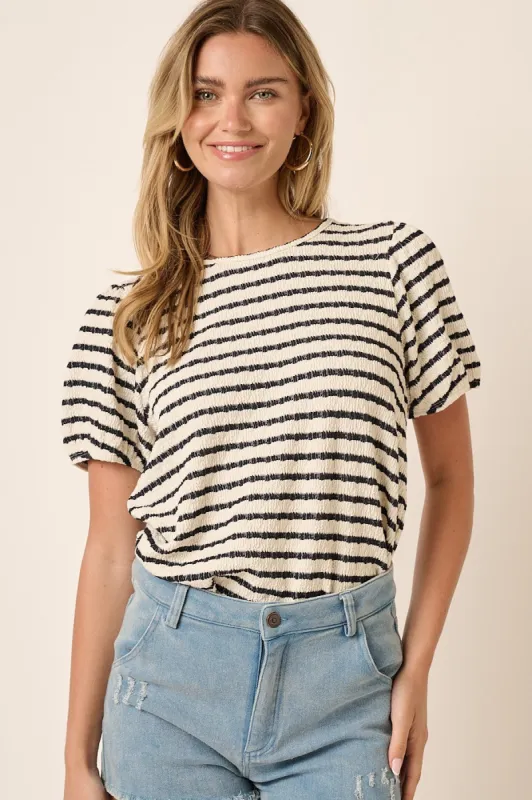 Black Striped Textured Puff Sleeve Top sold by Pinkblush