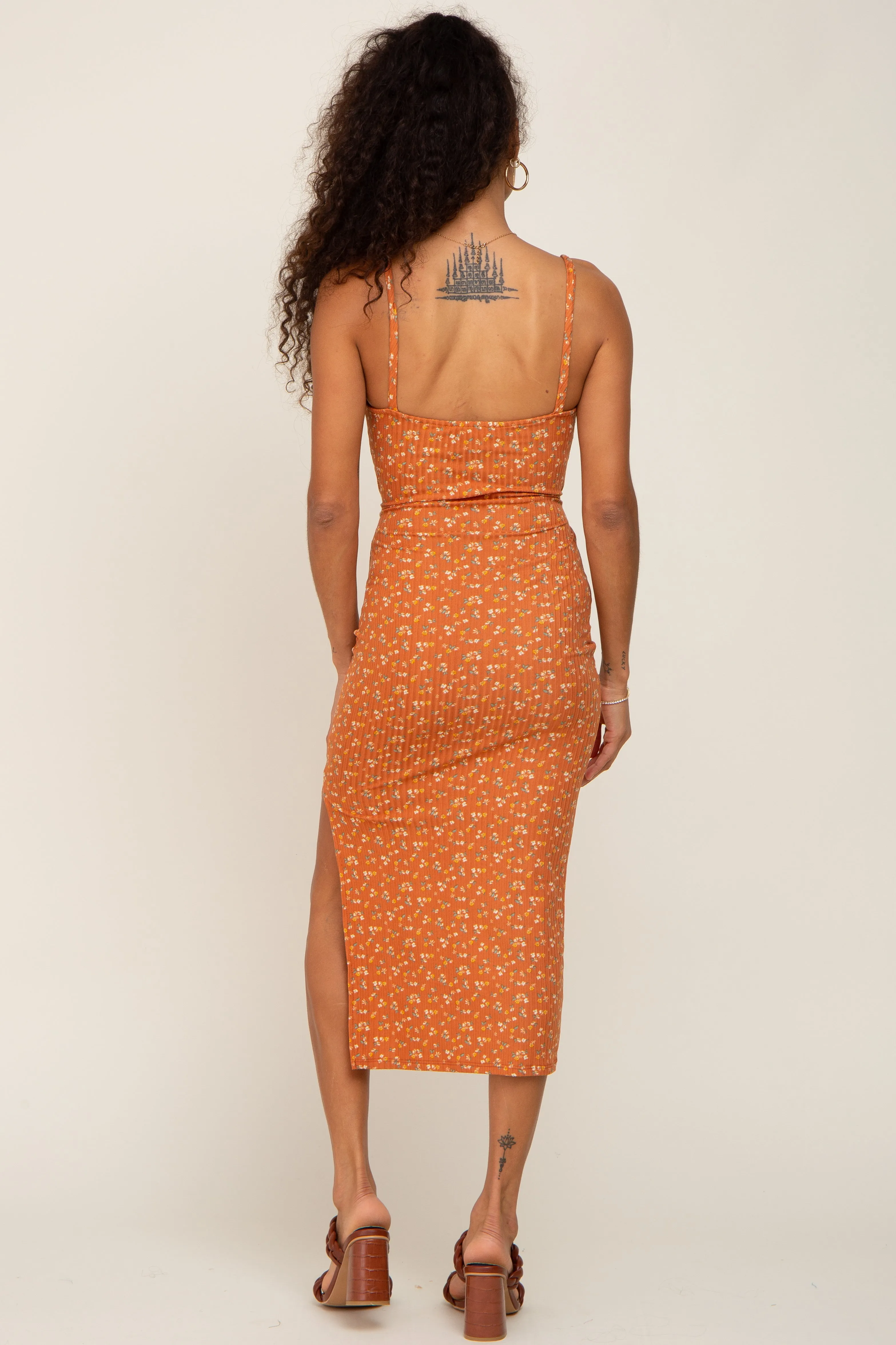 Rust Ribbed Floral Back Tie Midi Dress sold by Pinkblush product image thumbnail 3