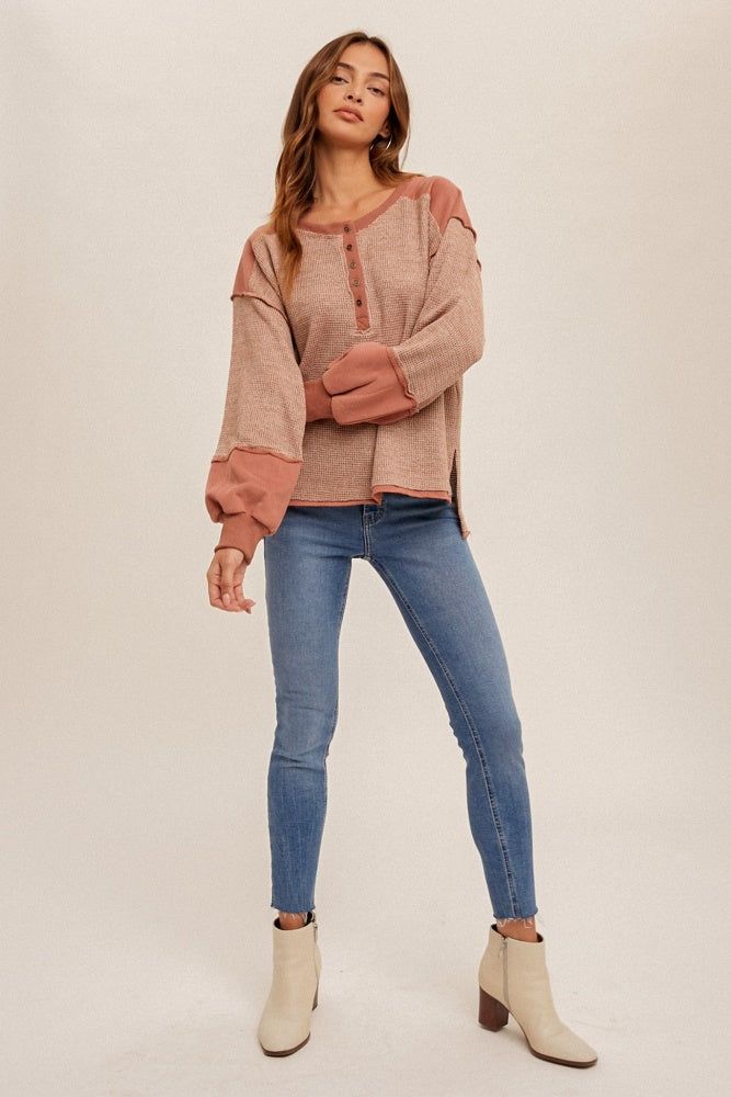 Rose Textured Knit Boxy Henley Pullover sold by Pinkblush product image thumbnail 4