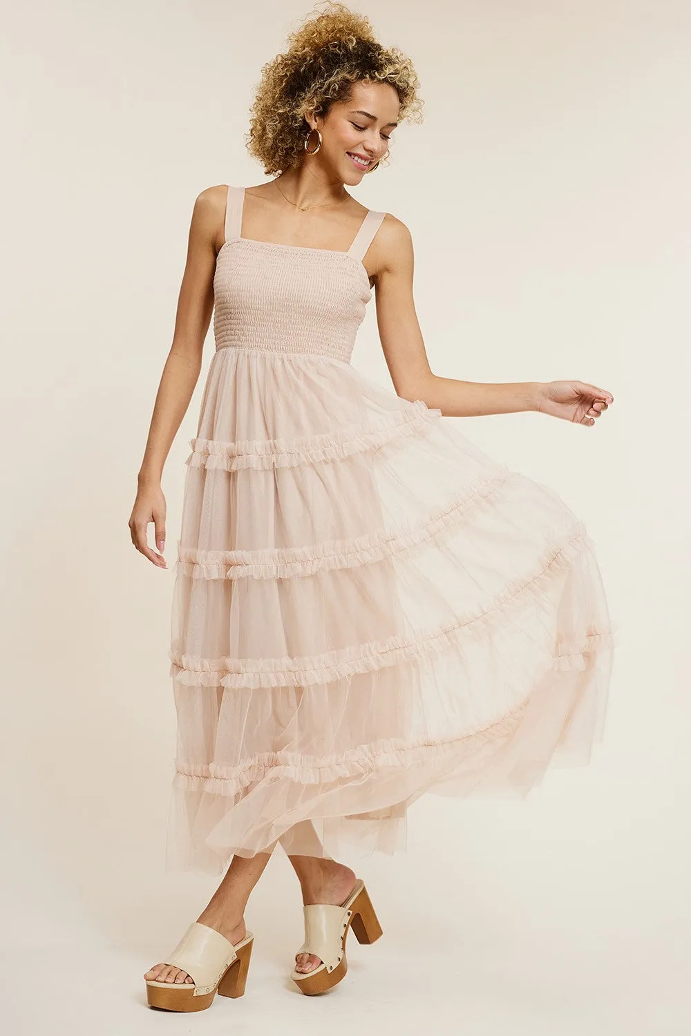 Beige Smocked Ruffle Tiered Tulle Midi Dress sold by Pinkblush product image thumbnail 3