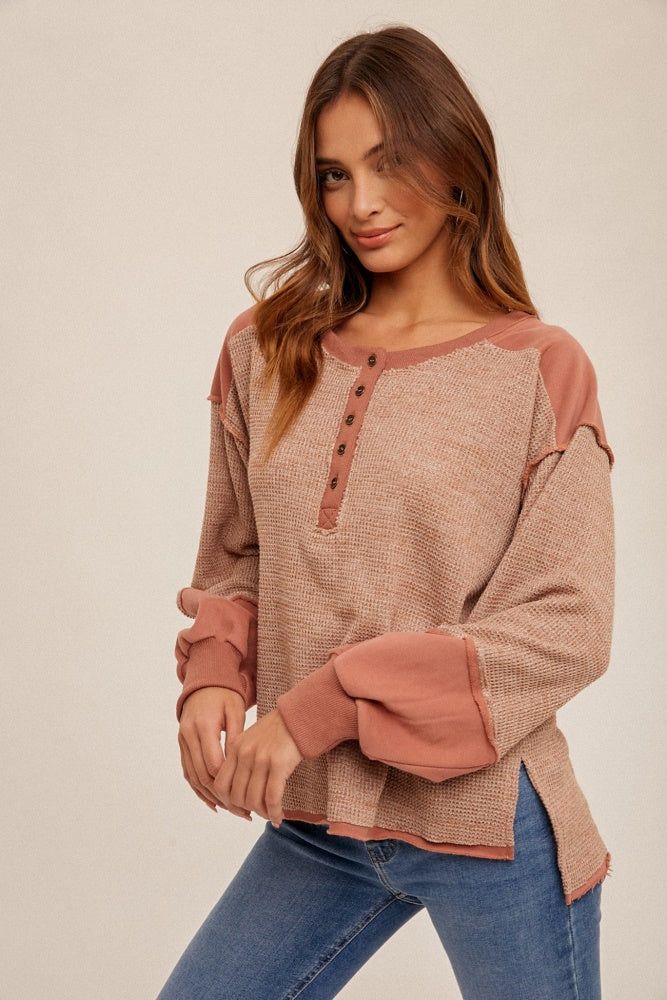 Rose Textured Knit Boxy Henley Pullover sold by Pinkblush product image thumbnail 2