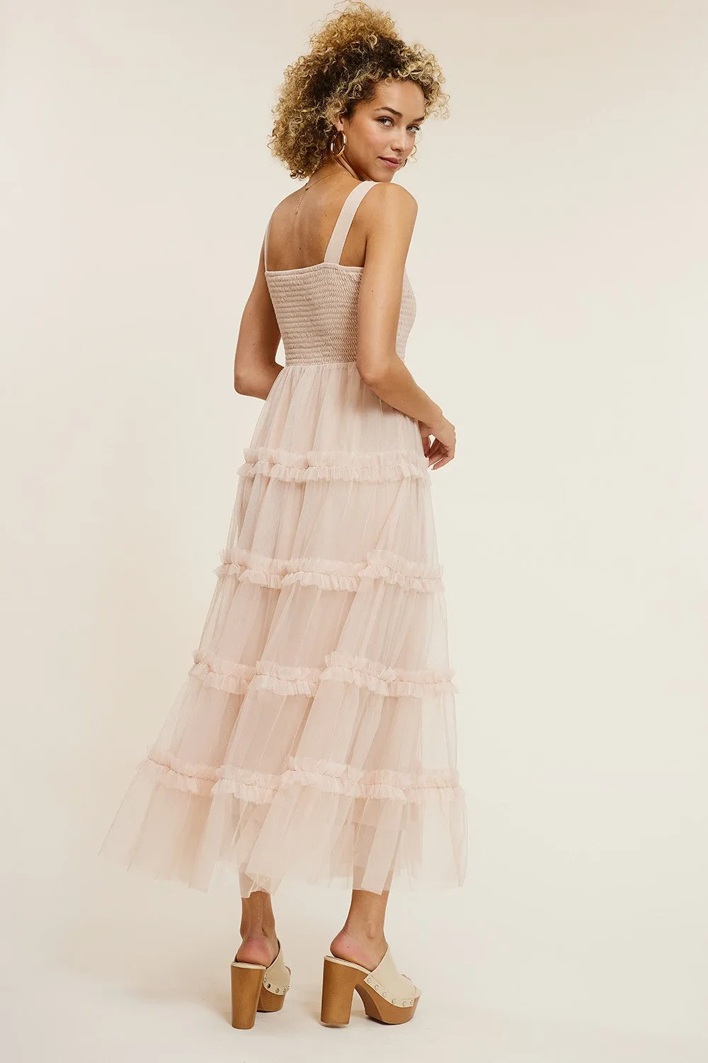 Beige Smocked Ruffle Tiered Tulle Midi Dress sold by Pinkblush product image thumbnail 4