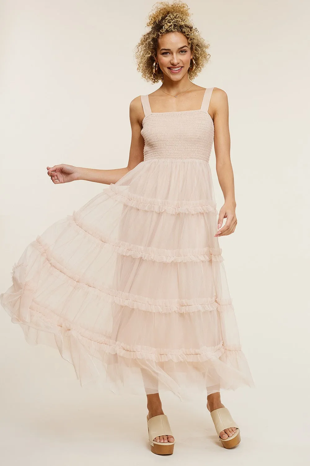 Beige Smocked Ruffle Tiered Tulle Midi Dress sold by Pinkblush