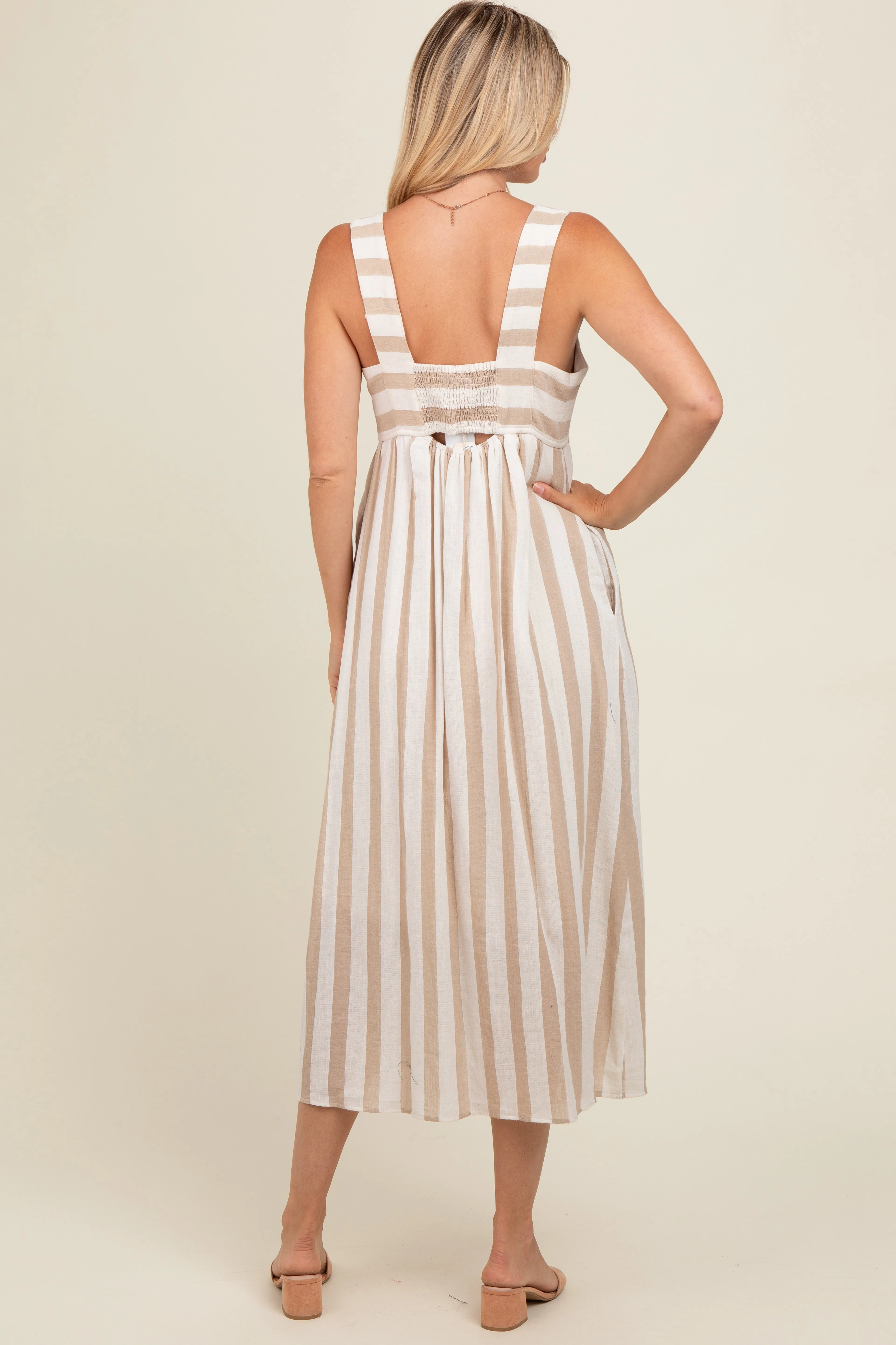Beige Striped Wide Strap Midi Dress sold by Pinkblush product image thumbnail 3