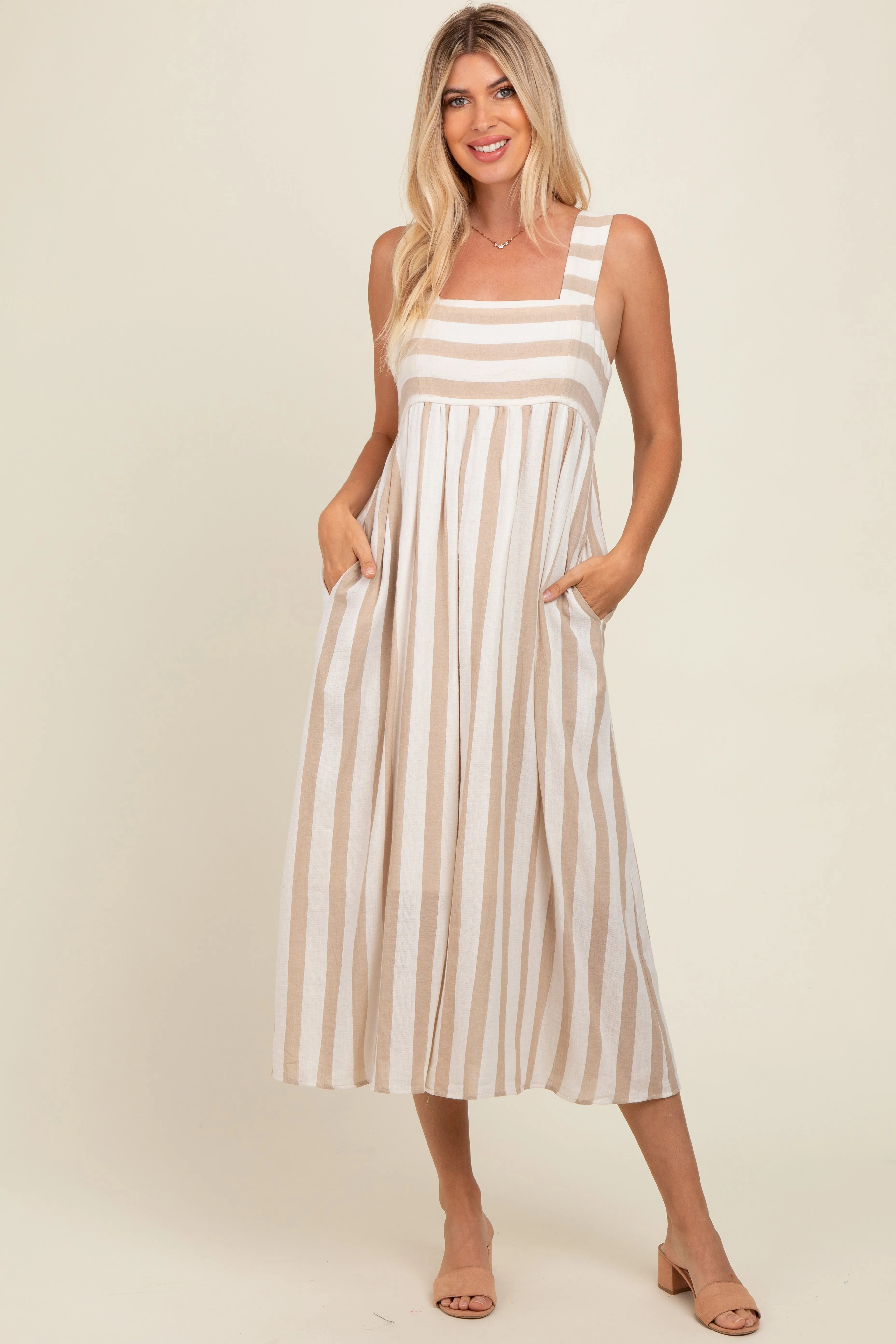 Beige Striped Wide Strap Midi Dress sold by Pinkblush