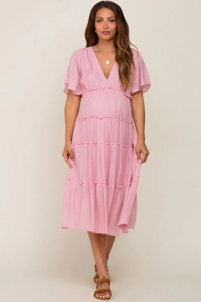 Pink Ruffle Tiered V-Neck Maternity Midi Dress sold by Pinkblush product image thumbnail 4