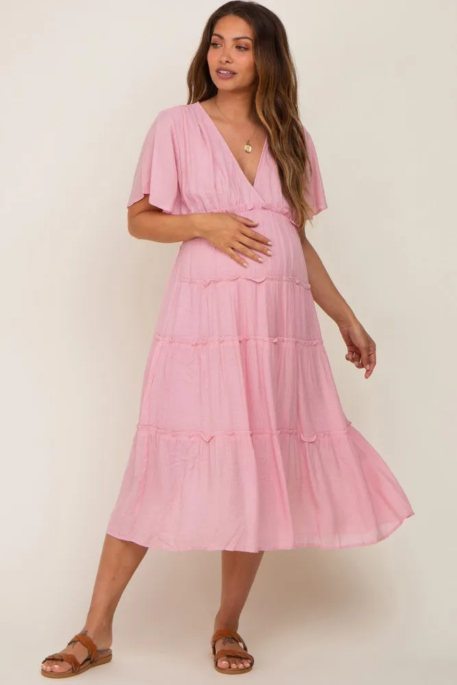 Pink Ruffle Tiered V-Neck Maternity Midi Dress sold by Pinkblush