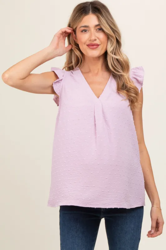 Lavender Swiss Dot Flutter Sleeve V-Neck Maternity Top sold by Pinkblush