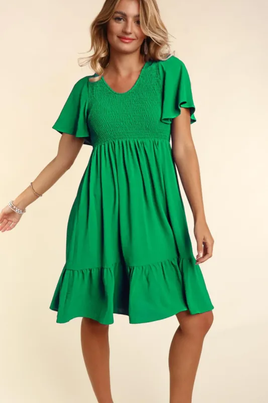 Green Smocked Ruffle Hem Dress sold by Pinkblush