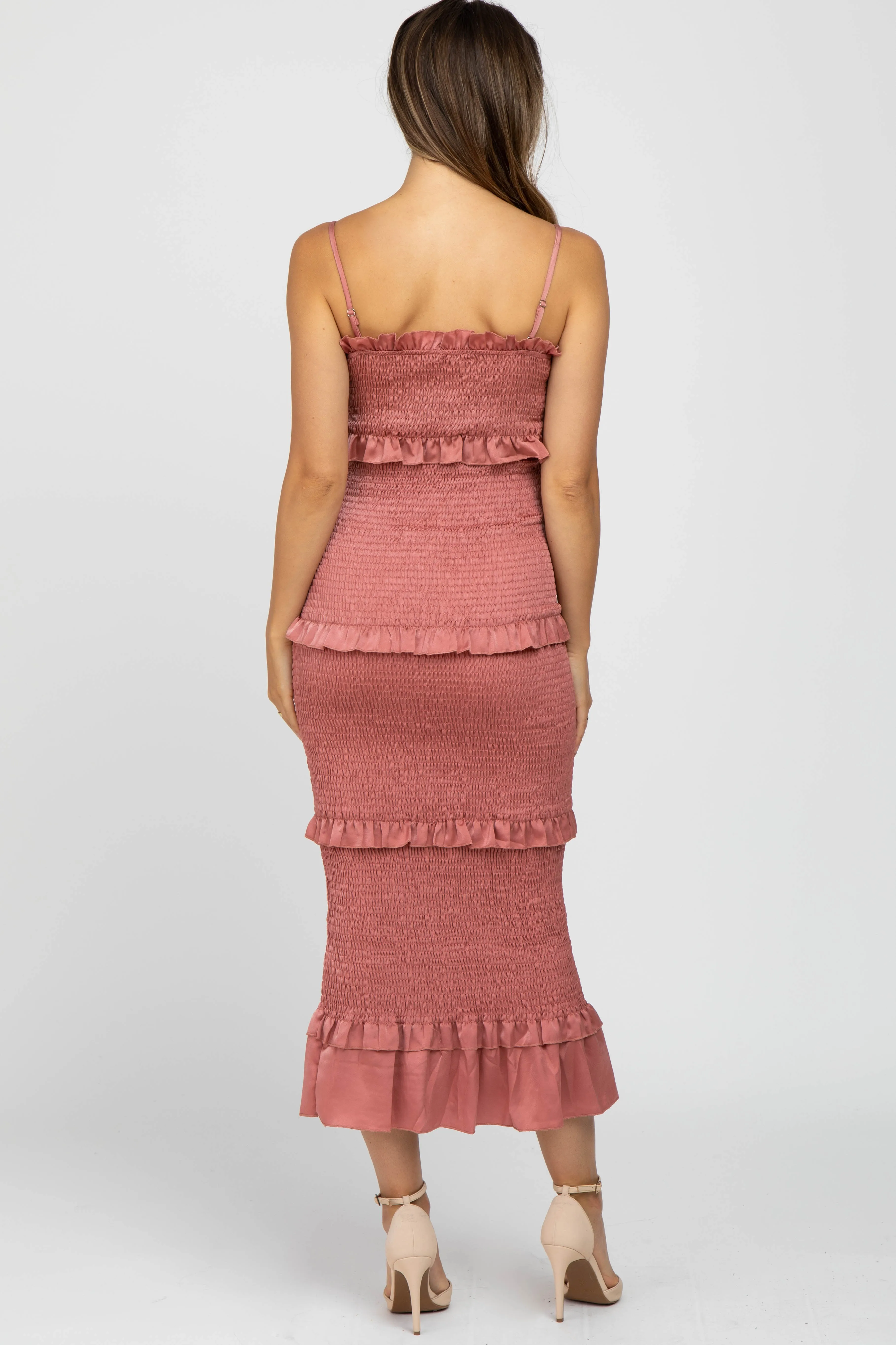 Mauve Satin Smocked Fitted Maternity Midi Dress sold by Pinkblush product image thumbnail 3