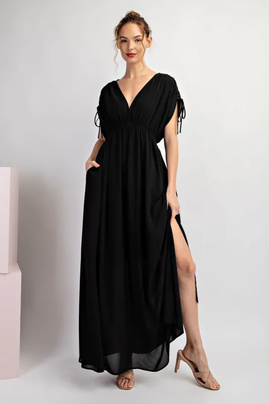Black V-Neck Drawstring Short Sleeve Side Slit Maxi Dress sold by Pinkblush