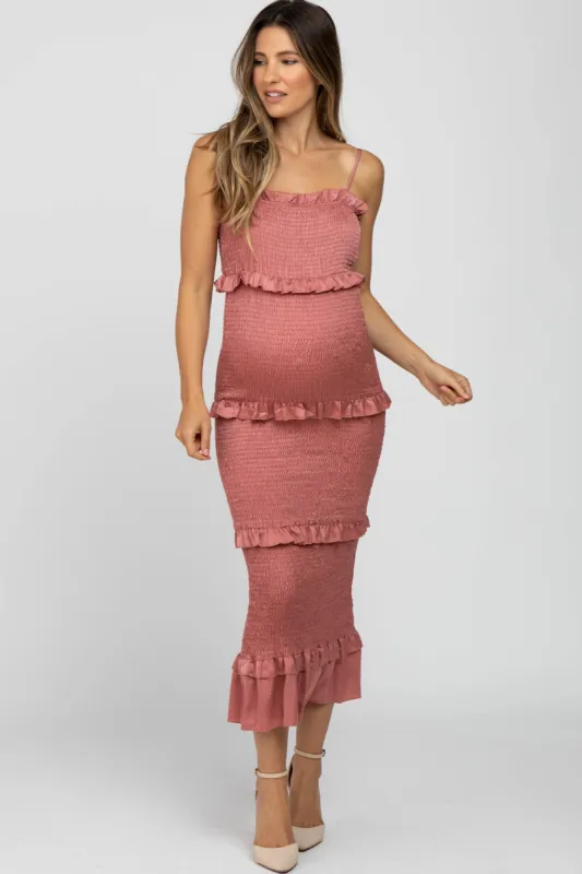 Mauve Satin Smocked Fitted Maternity Midi Dress sold by Pinkblush