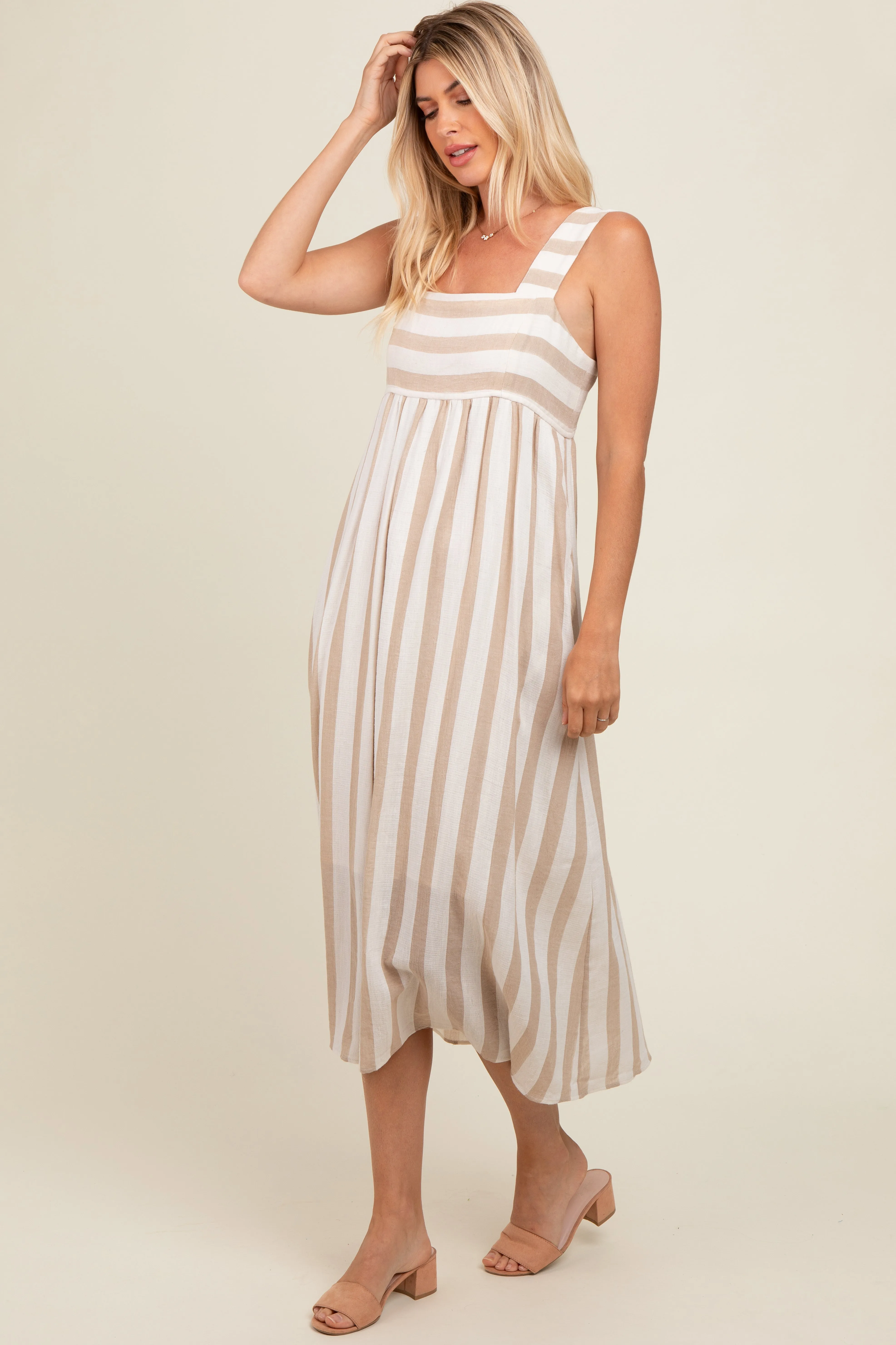 Beige Striped Wide Strap Midi Dress sold by Pinkblush product image thumbnail 2