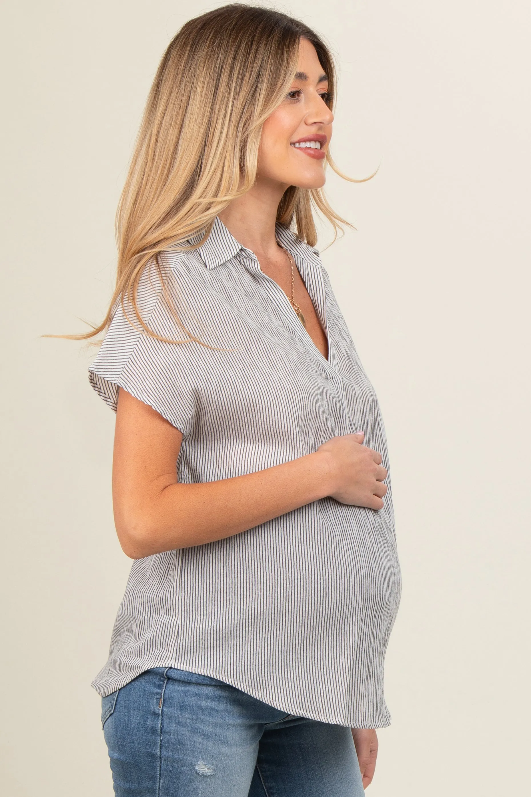 Ivory Striped Split V-Neck Dolman Sleeve Maternity Top sold by Pinkblush product image thumbnail 3
