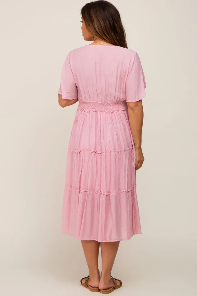 Pink Ruffle Tiered V-Neck Maternity Midi Dress sold by Pinkblush product image thumbnail 3