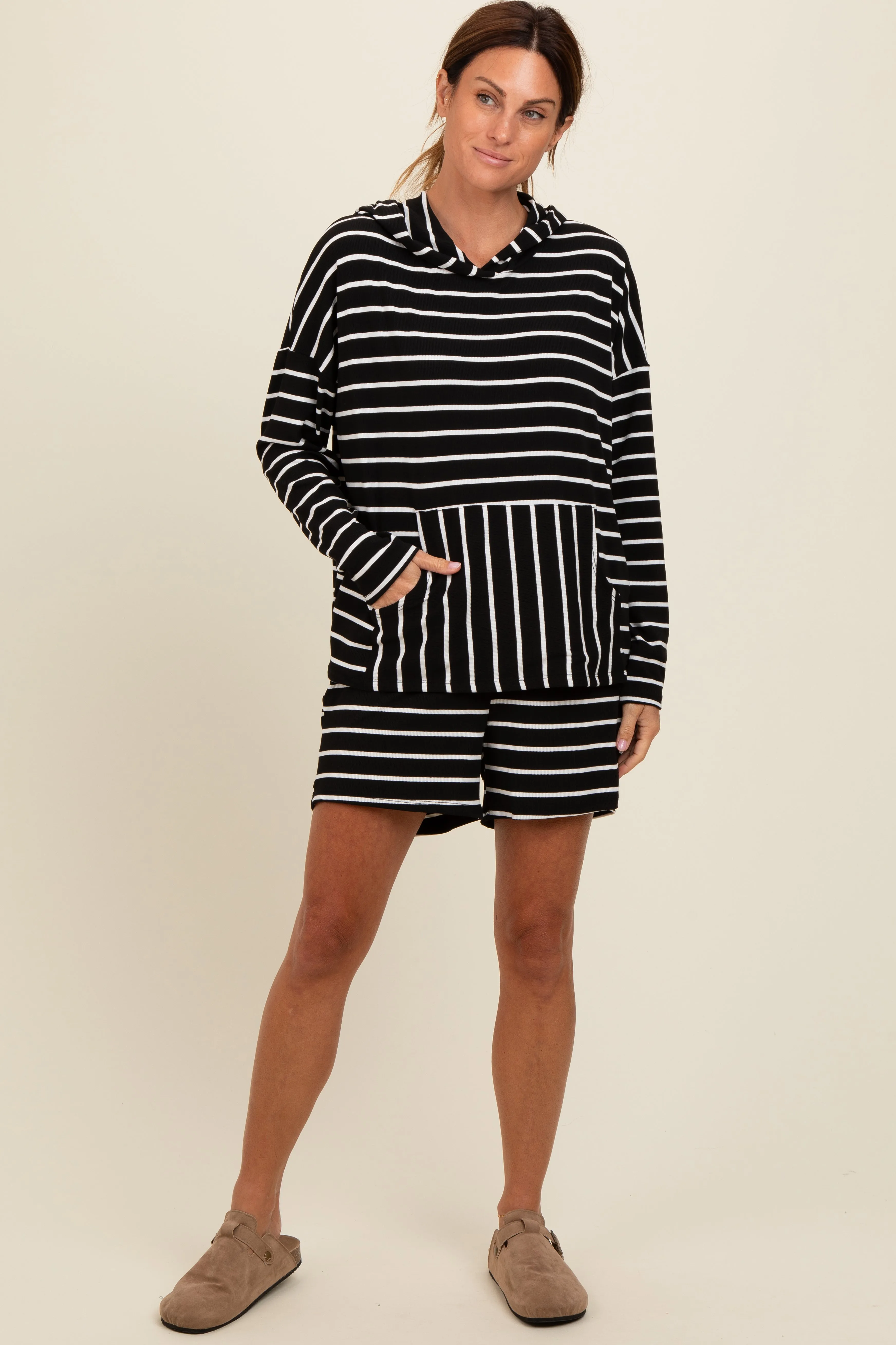 Black Cozy Striped Ribbed Two-Piece Lounge Set sold by Pinkblush product image thumbnail 2