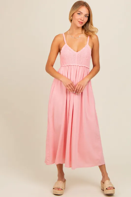 Pink V-Neck Crochet Top Midi Dress sold by Pinkblush