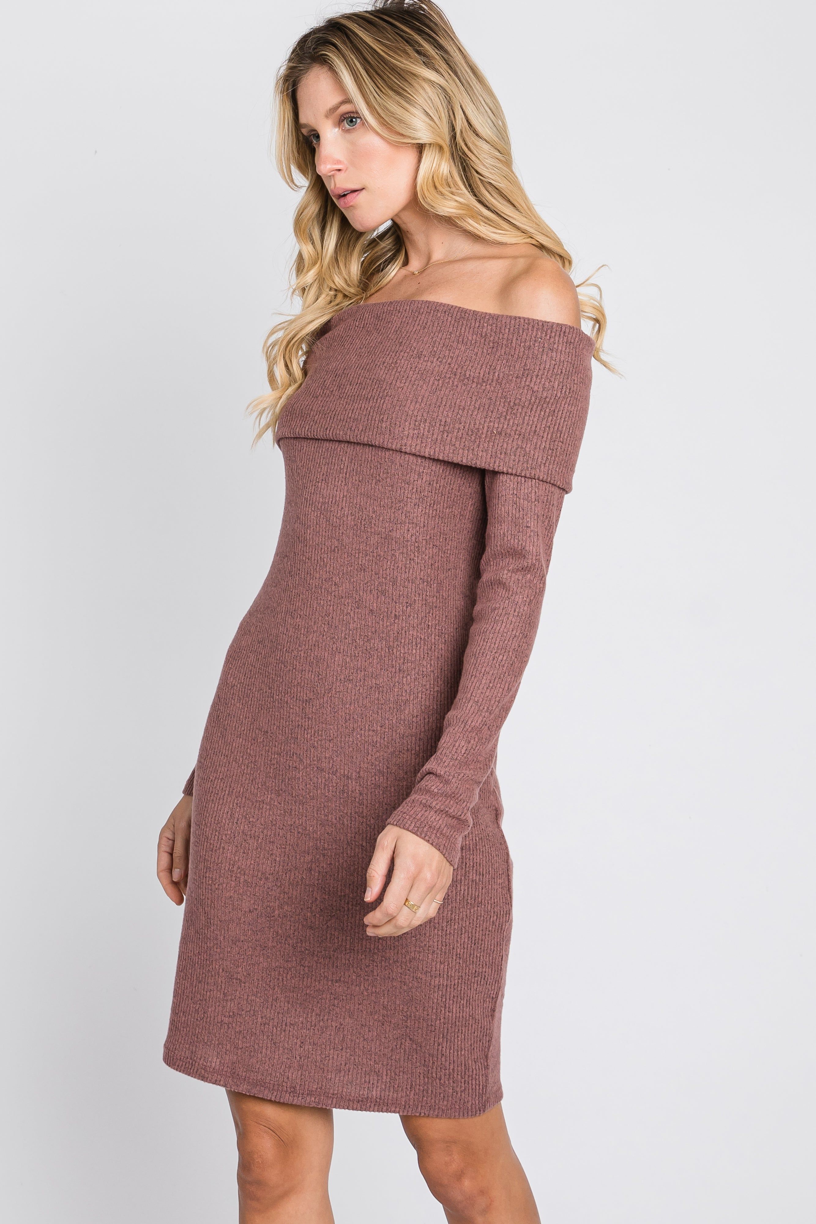Mauve Soft Ribbed Folded Neck Off Shoulder Maternity Dress sold by Pinkblush product image thumbnail 3