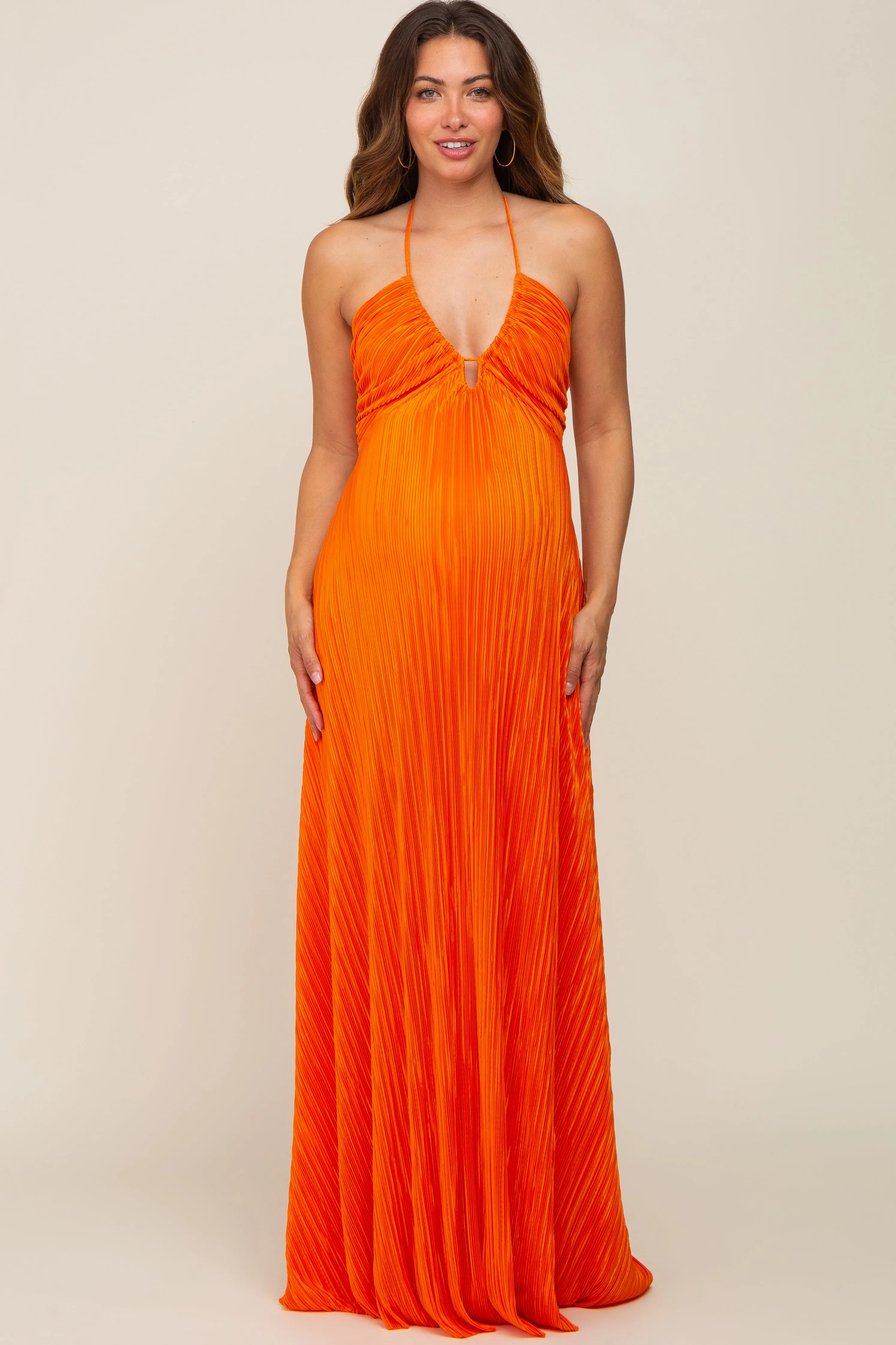 Orange Plisse Halter Back Tie Maternity Maxi Dress sold by Pinkblush product image thumbnail 4