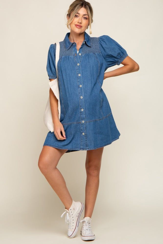 Blue Denim Smocked Button Up Maternity Dress sold by Pinkblush product image thumbnail 5