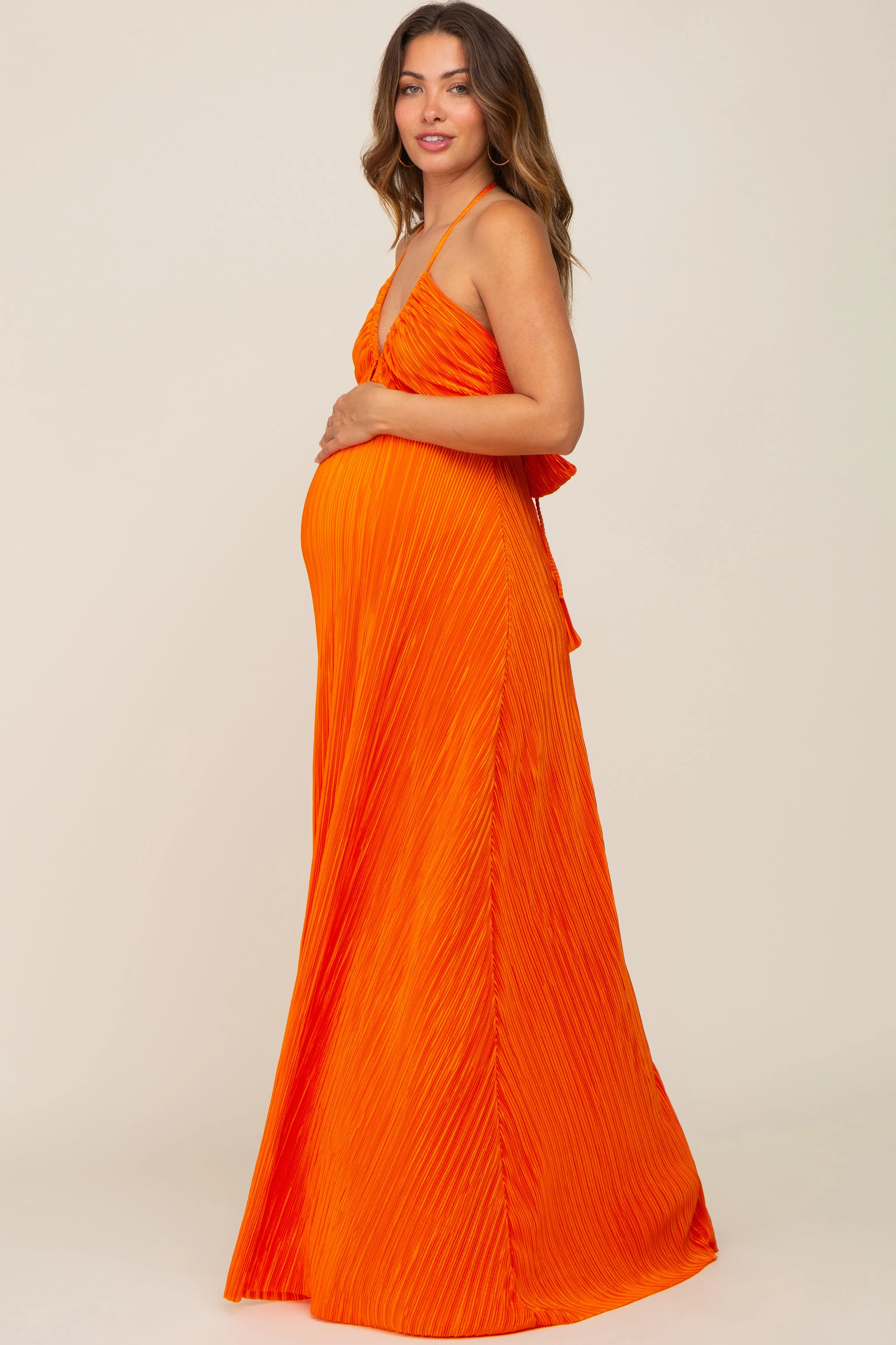 Orange Plisse Halter Back Tie Maternity Maxi Dress sold by Pinkblush product image thumbnail 2