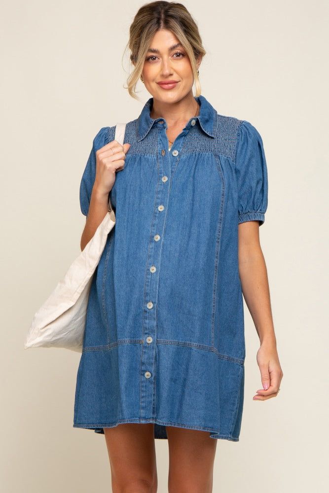 Blue Denim Smocked Button Up Maternity Dress sold by Pinkblush product image thumbnail 2
