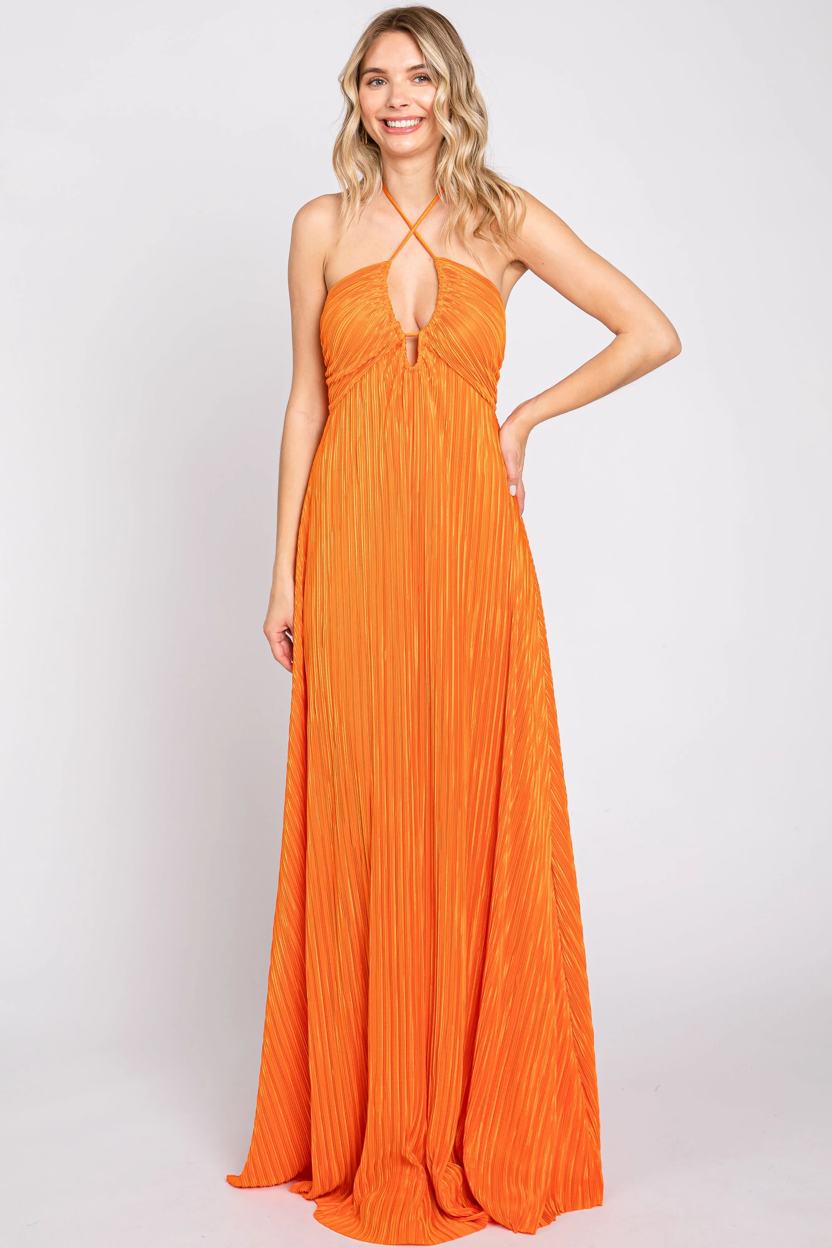 Orange Plisse Halter Back Tie Maternity Maxi Dress sold by Pinkblush product image thumbnail 5