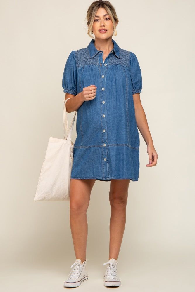 Blue Denim Smocked Button Up Maternity Dress sold by Pinkblush product image thumbnail 6