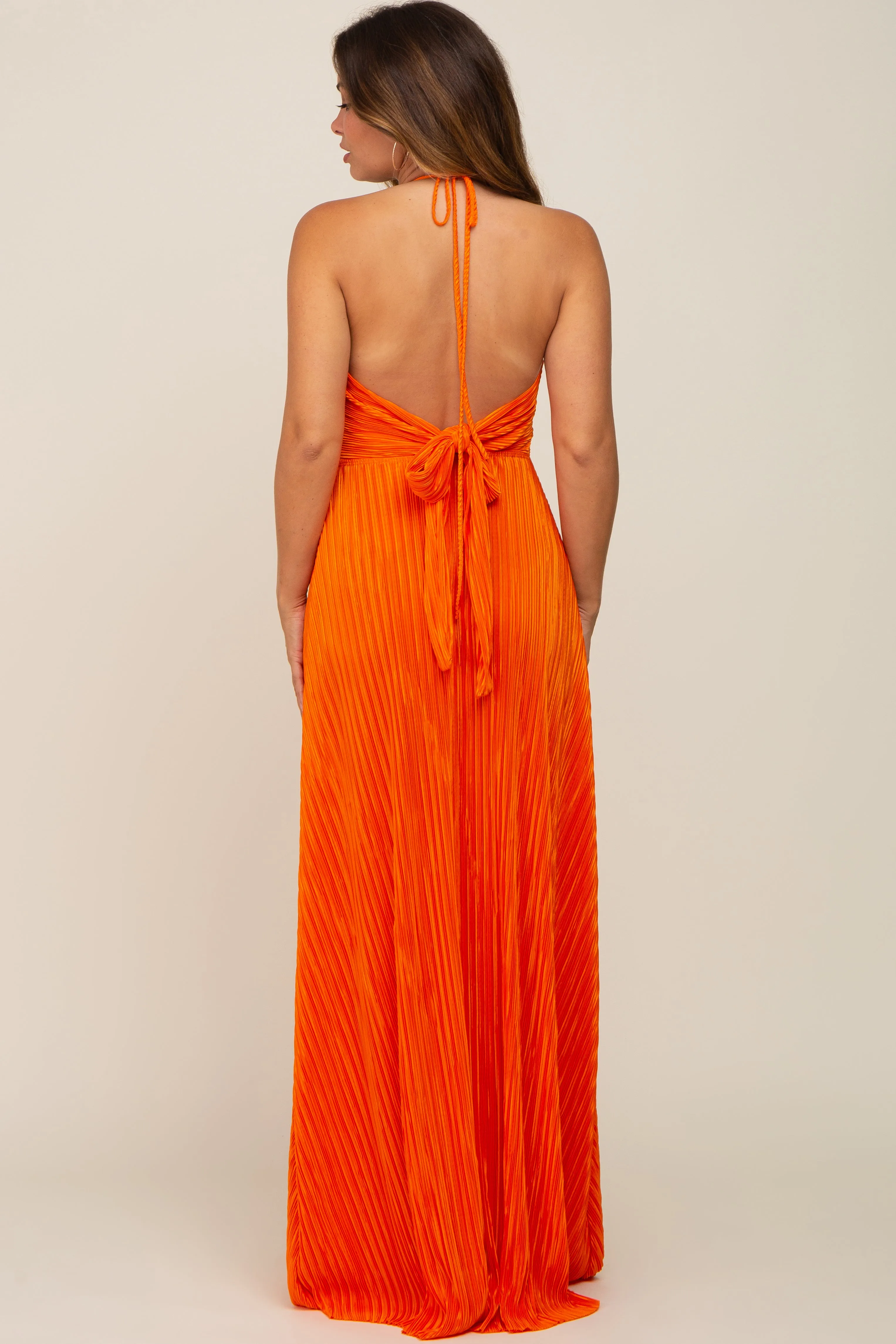 Orange Plisse Halter Back Tie Maternity Maxi Dress sold by Pinkblush product image thumbnail 3