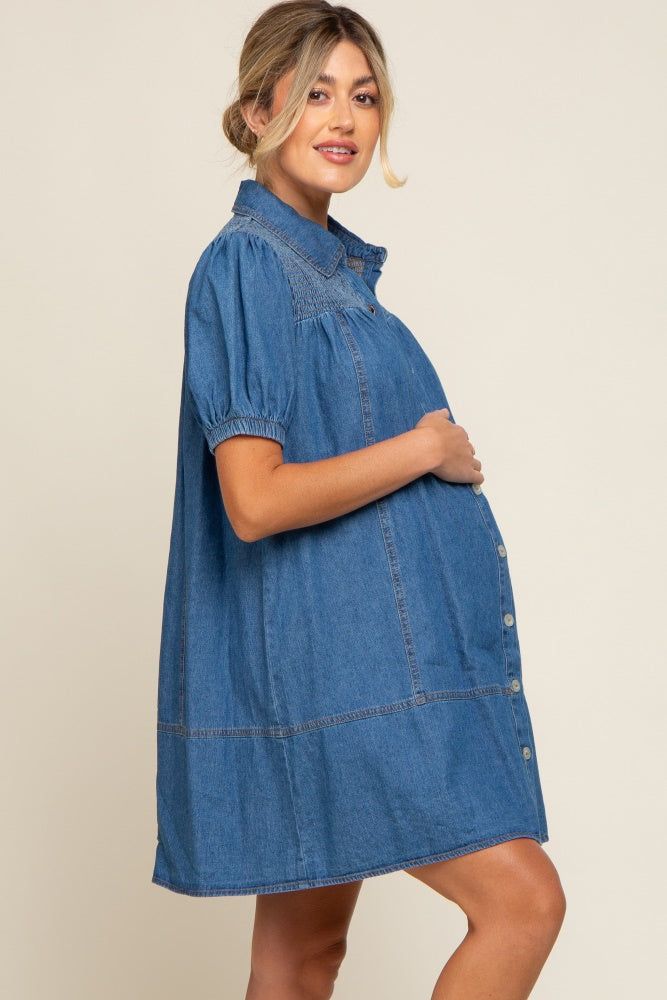 Blue Denim Smocked Button Up Maternity Dress sold by Pinkblush product image thumbnail 3