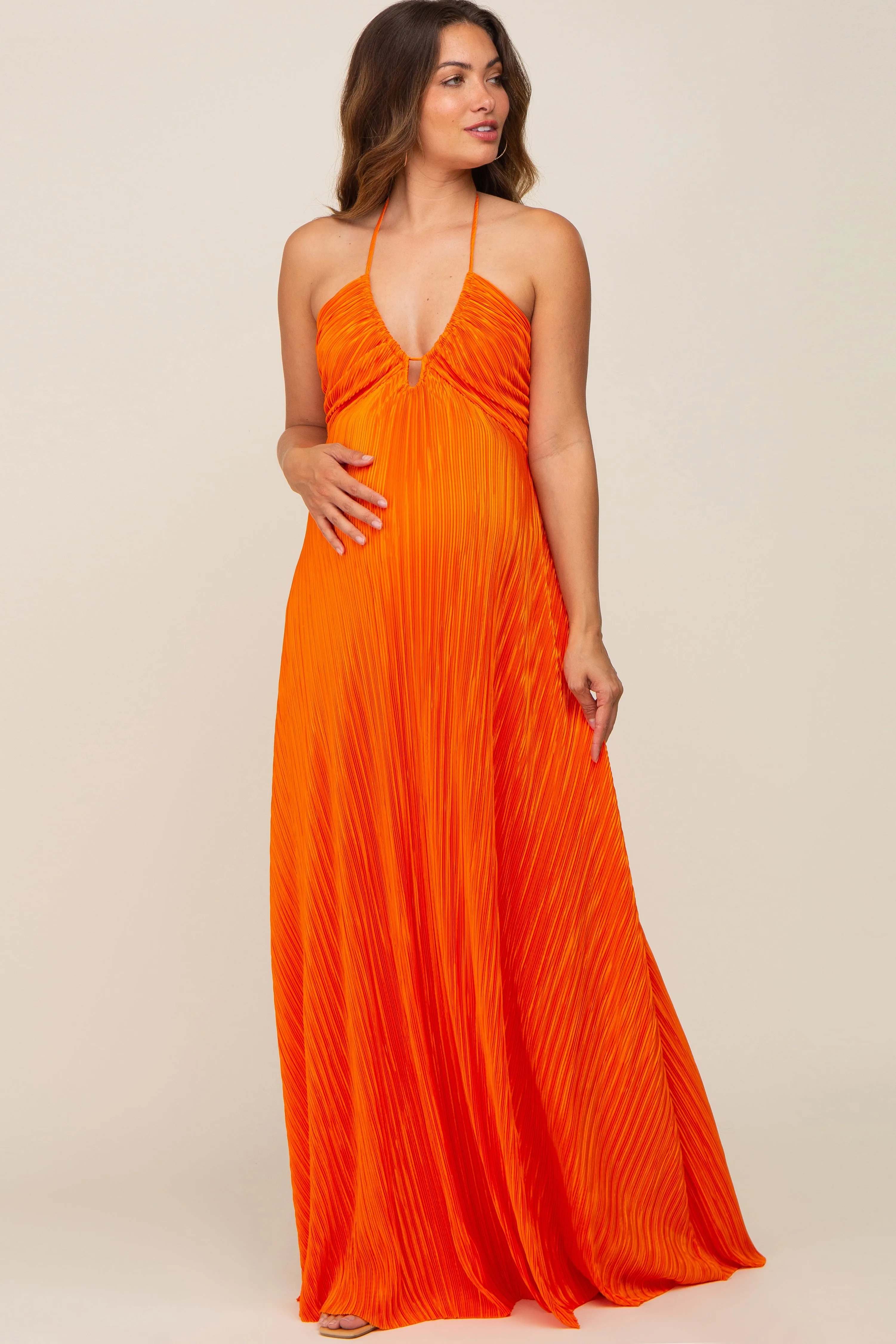 Orange Plisse Halter Back Tie Maternity Maxi Dress sold by Pinkblush
