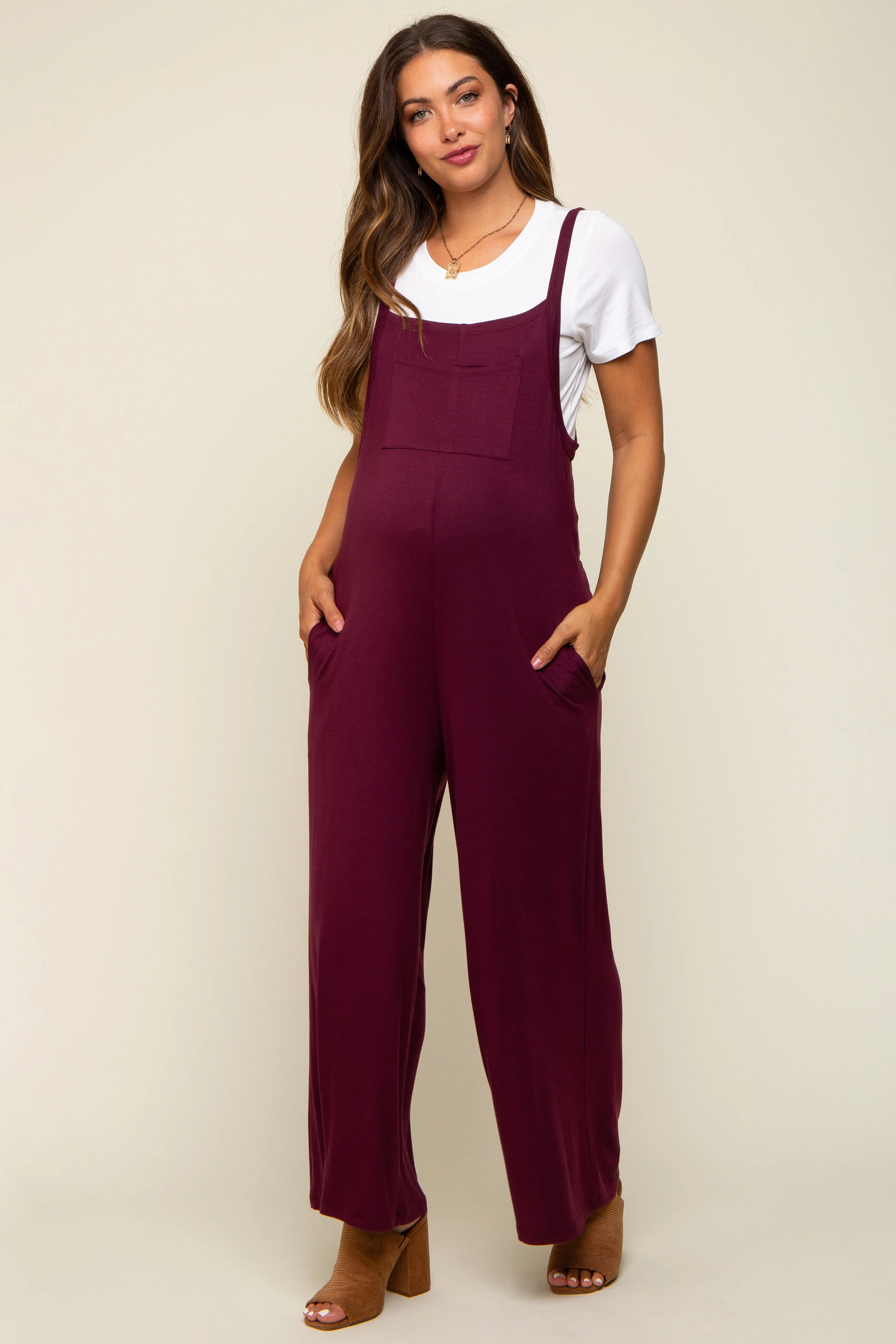 Burgundy Sleeveless Pocketed Wide Leg Maternity Jumpsuit sold by Pinkblush