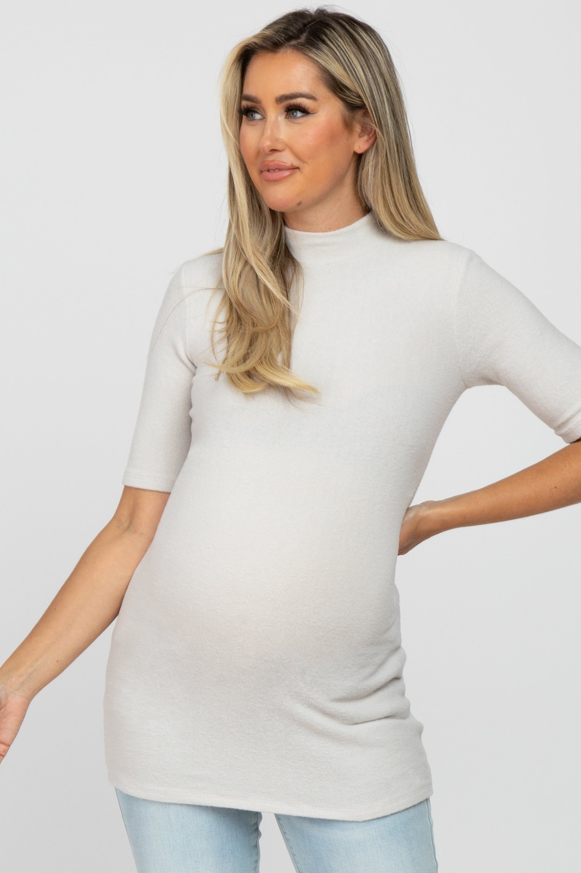 Cream Soft Brushed Knit Mock Neck Maternity Top sold by Pinkblush