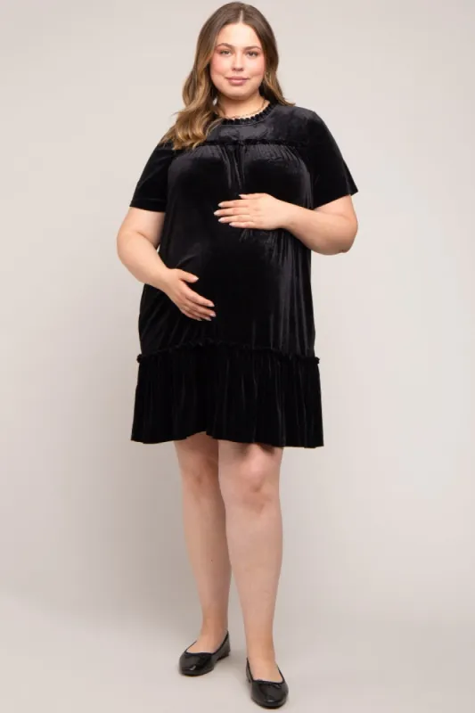 Black Ruffle Accent Velvet Maternity Plus Dress sold by Pinkblush