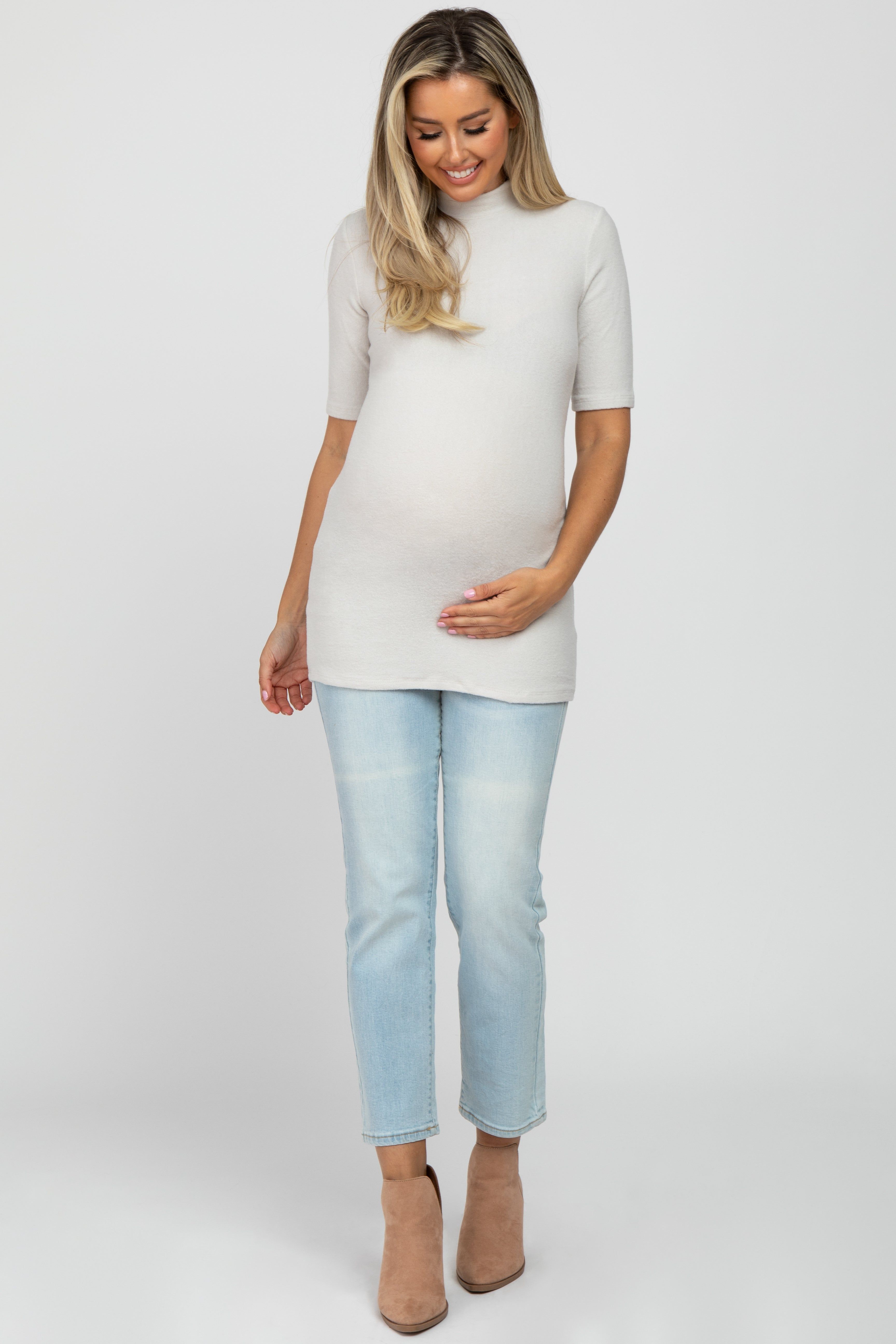 Cream Soft Brushed Knit Mock Neck Maternity Top sold by Pinkblush product image thumbnail 2