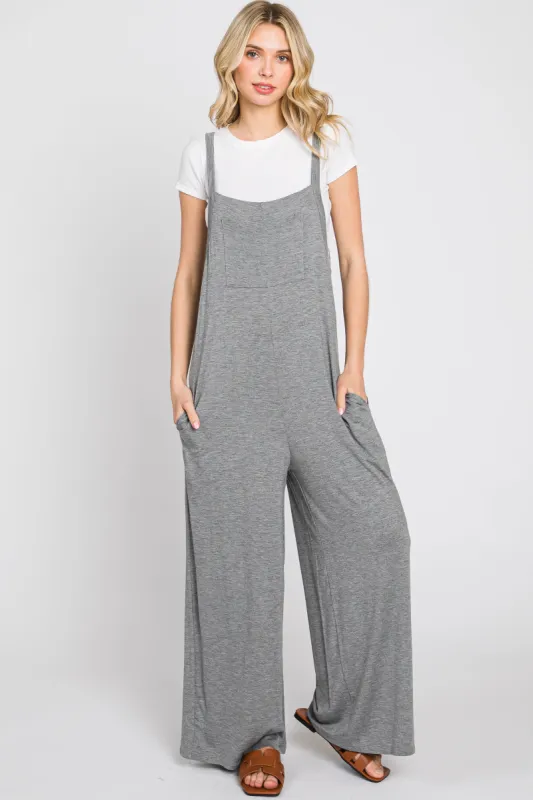 Heather Grey Sleeveless Pocketed Wide Leg Jumpsuit sold by Pinkblush