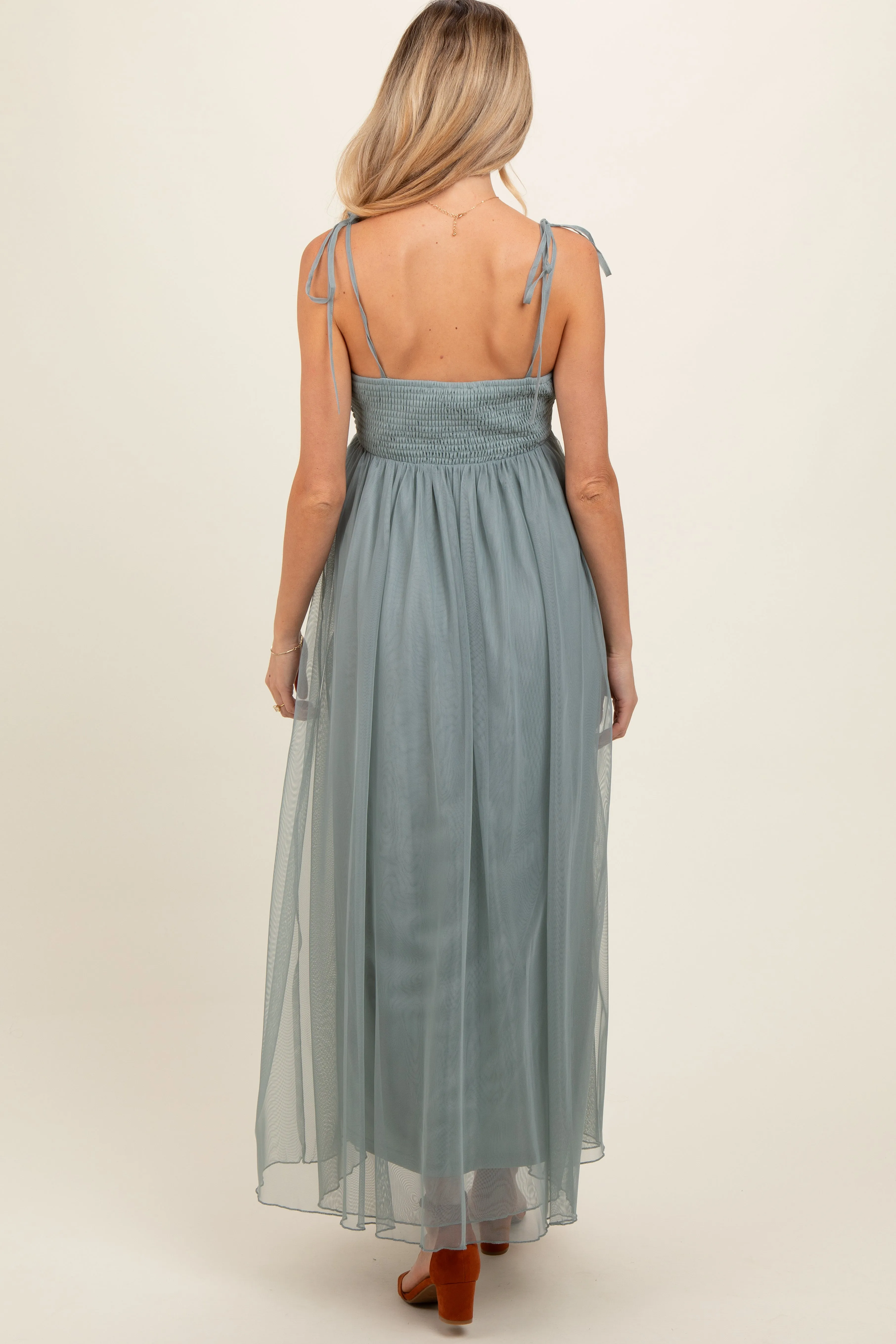 Green Square Neck Shoulder Tie Tulle Maternity Maxi Dress sold by Pinkblush product image thumbnail 4
