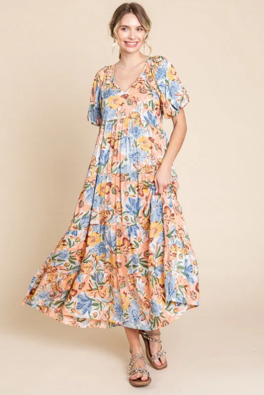Peach Floral Print Pocketed Midi Dress sold by Pinkblush