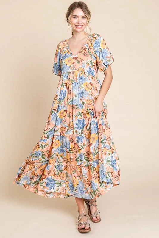 Peach Floral Print Pocketed Midi Dress sold by Pinkblush