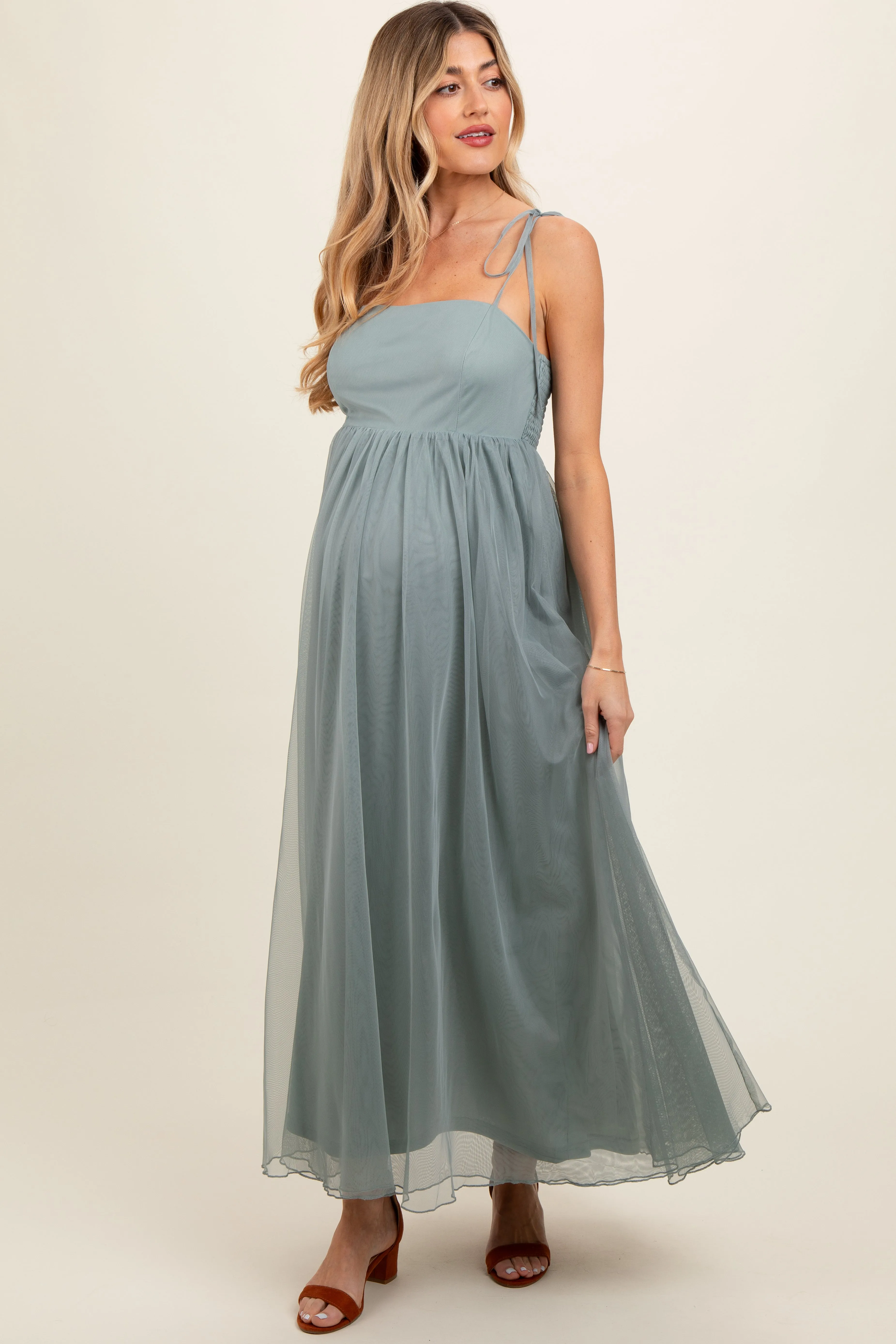 Green Square Neck Shoulder Tie Tulle Maternity Maxi Dress sold by Pinkblush product image thumbnail 2