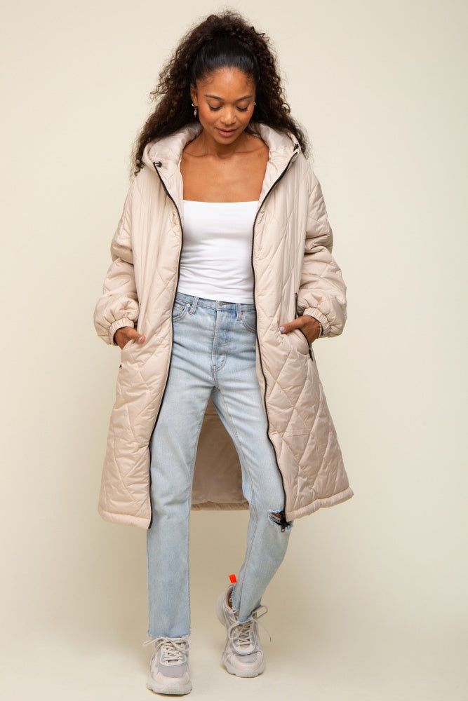 Beige Quilted Long Puffer Jacket sold by Pinkblush