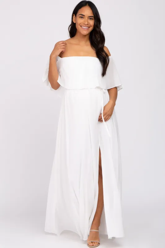 Ivory Chiffon Off Shoulder Maternity Maxi Dress sold by Pinkblush