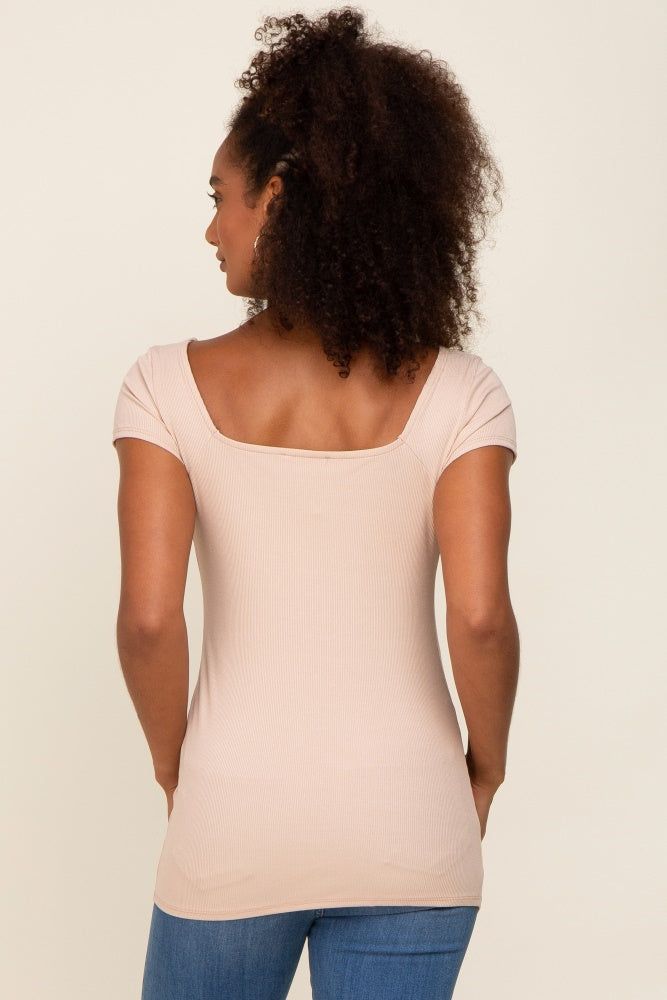 Taupe Ribbed Squared Neck Cap Sleeve Top sold by Pinkblush product image thumbnail 3