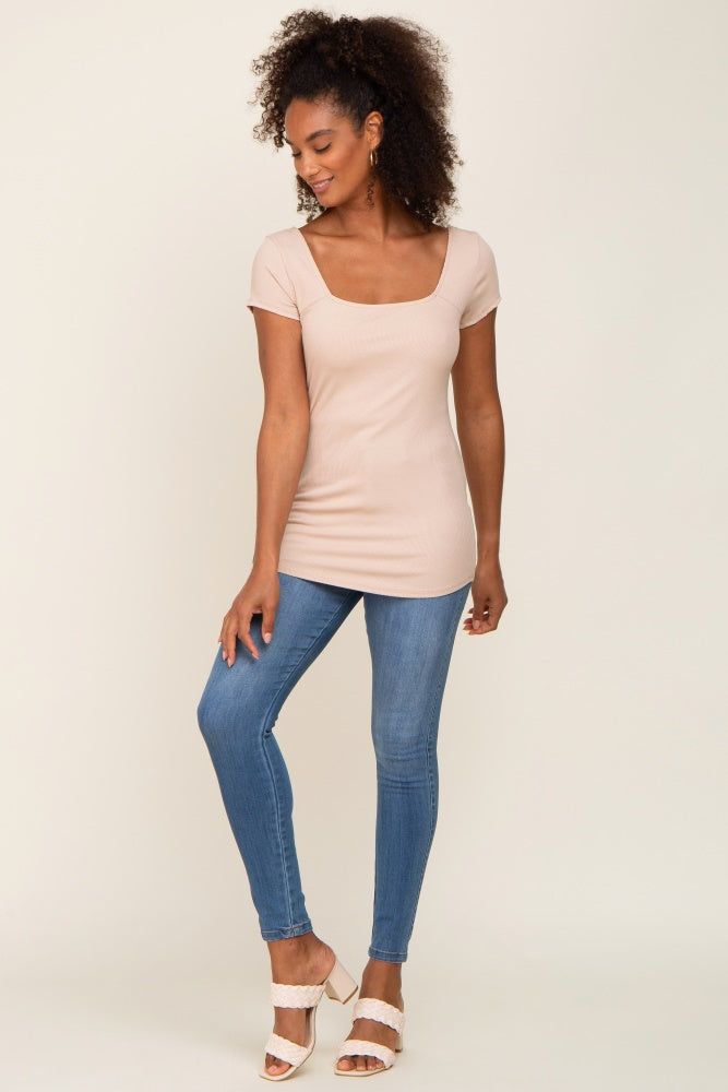 Taupe Ribbed Squared Neck Cap Sleeve Top sold by Pinkblush product image thumbnail 4