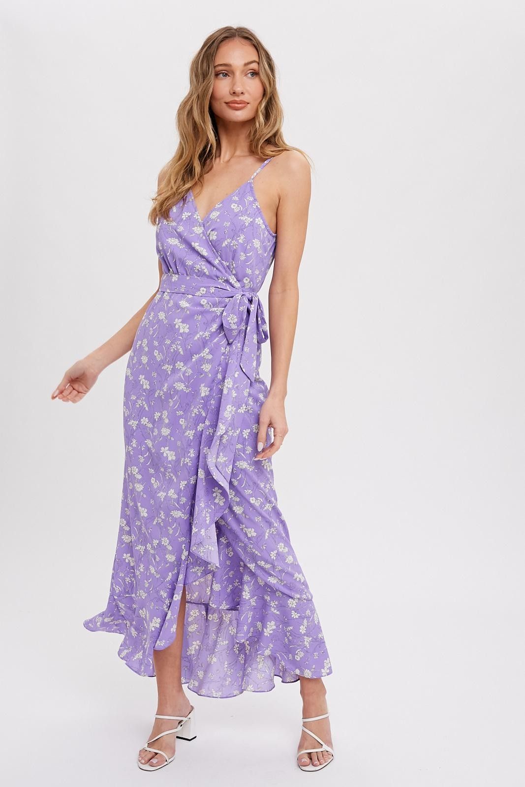 Lavender Floral Flounce Hi-Lo Wrap Maxi Dress sold by Pinkblush